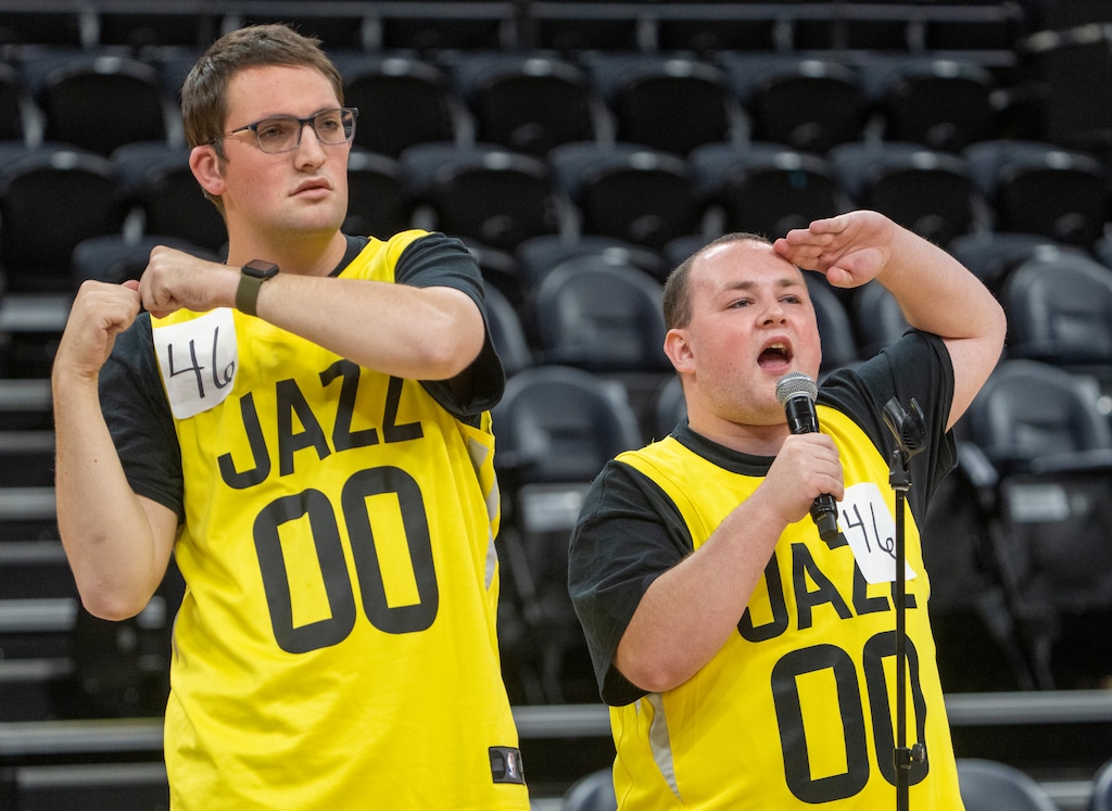 (Rick Egan | The Salt Lake Tribune) Brayden Crawford and Husten Morris perform for the judges, singing and signing, during the Utah Jazz national anthem tryouts at the Delta Center, on Tuesday, Aug. 29, 2023.
