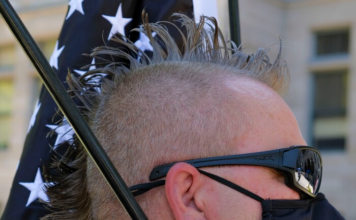 (Leah Hogsten | The Salt Lake Tribune) Supporters of law enforcement gather at Back the Blue rally, Saturday, August 15, 2020 at Washington Square.