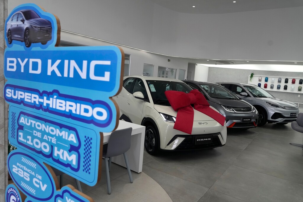 BYD vehicles are for sale in a dealership in Camacari, Bahia state, Brazil, Friday, March 7, 2025. (AP Photo/Eraldo Peres)