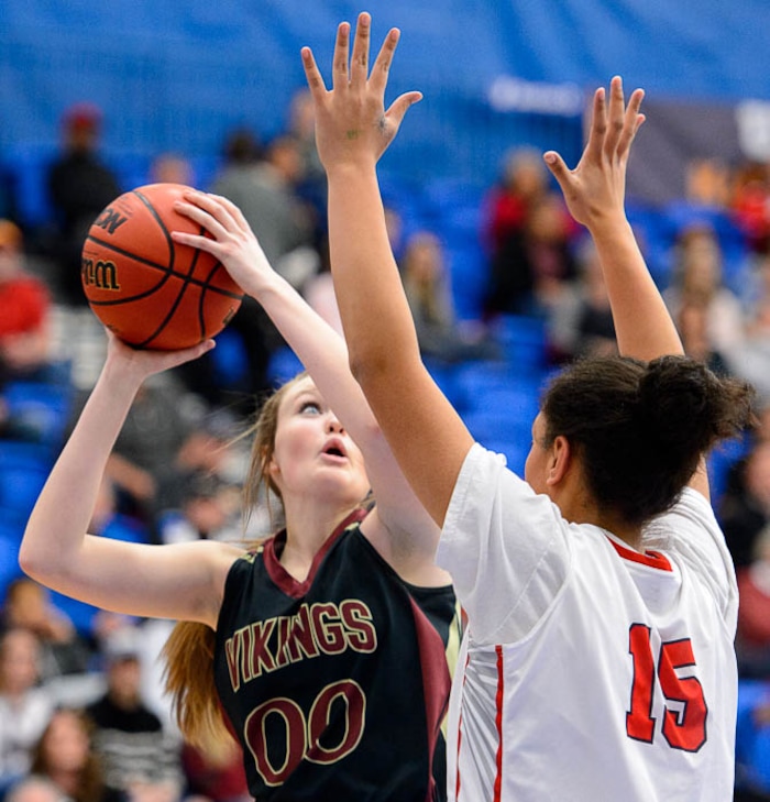 (Trent Nelson | The Salt Lake Tribune)  Viewmont's Melissa Sorenson (0) shoots over East's Precious Faamausili (15) as East faces Viewmont in the 5A High School Girls' Basketball Tournament at SLCC in Taylorsville, Wednesday Feb. 21, 2018.