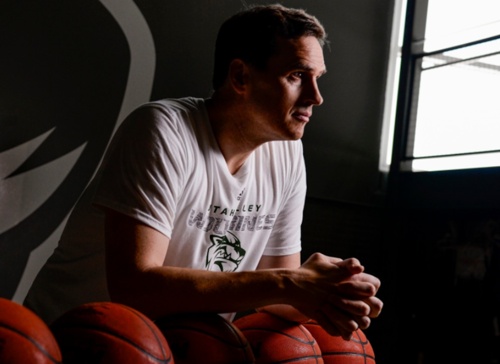 (Leah Hogsten  |  The Salt Lake Tribune) Utah Valley University basketball coach, Mark Madsen, Monday, July 1, 2019. Mark Madsen chose to trade in life with the L. A. Lakers for life as Utah Valley University's mens basketball head coach.