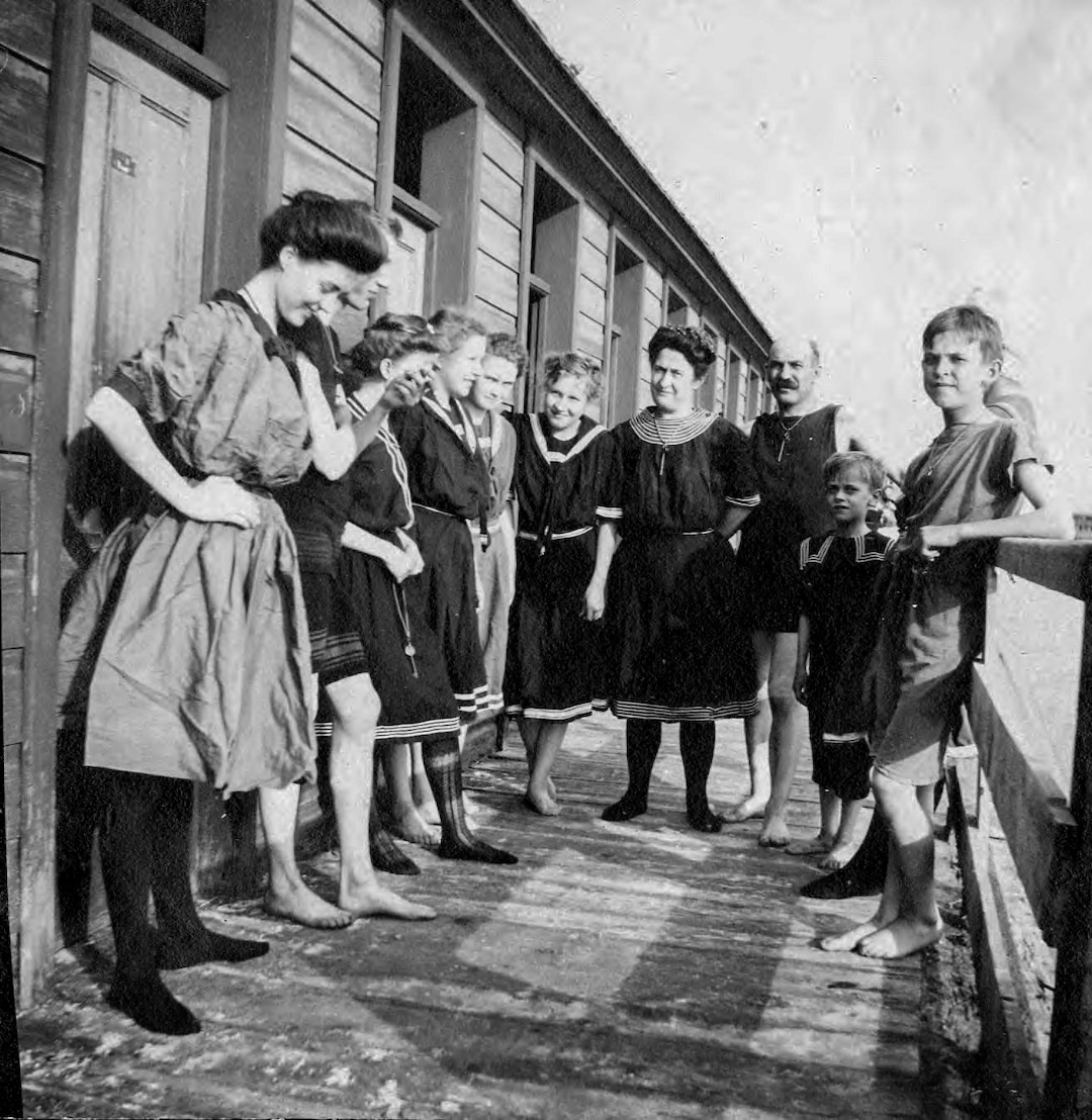 (Utah State Historical Society) Saltair I bathers, dressed for a day of swimming and fun in salty water in the early 1900s, pose for a picture along the resort's walkway dressing rooms at the Great Salt Lake.