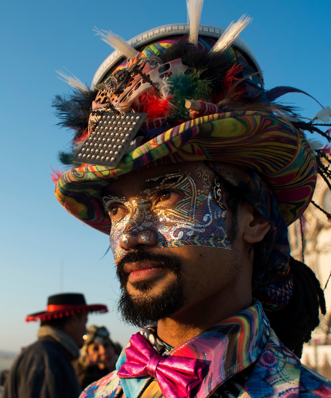 (Rick Egan  |  The Salt Lake Tribune)    Joel Bedman from San Francisco, painted his face for Burning Man, a week long celebration of art and radical self expression, in the Black Rock Desert in Nevada, Saturday, Sept. 1, 2018.