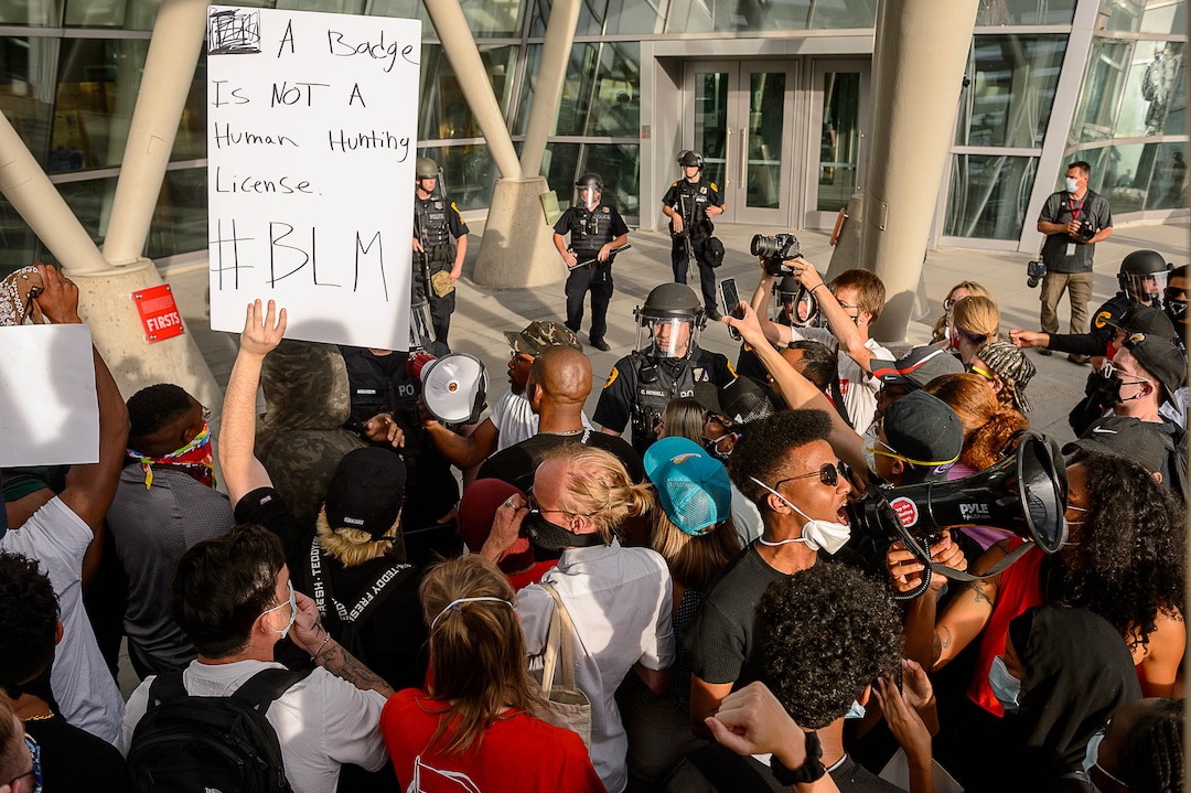 (Trent Nelson  |  The Salt Lake Tribune) Protesters in front of the Public Safety Building during a protest against police brutality in Salt Lake City on Monday, June 1, 2020.