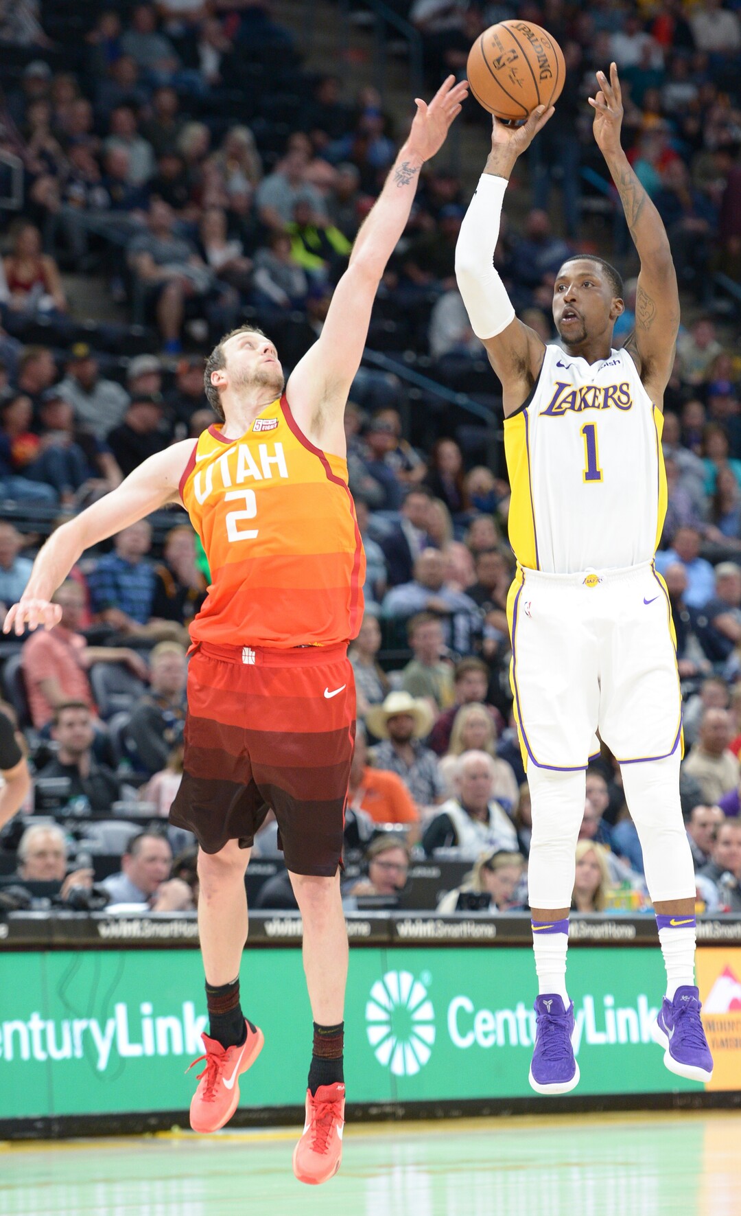 (Leah Hogsten  |  The Salt Lake Tribune)  Utah Jazz forward Joe Ingles (2) pressures Los Angeles Lakers guard Kentavious Caldwell-Pope (1). The Utah Jazz defeated the Los Angeles Lakers 117-110 at Vivint Smart Home Arena Tuesday, April 3, 2018