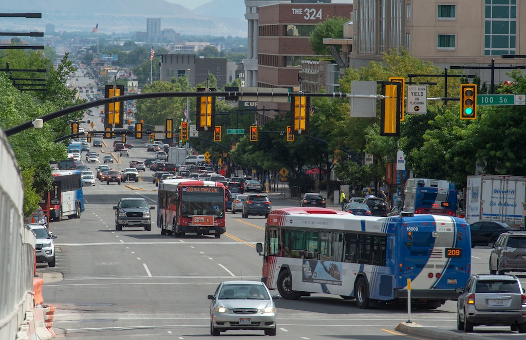 (Rick Egan | Tribune file photo) UTA buses in downtown Salt Lake City on Aug. 6, 2019.
