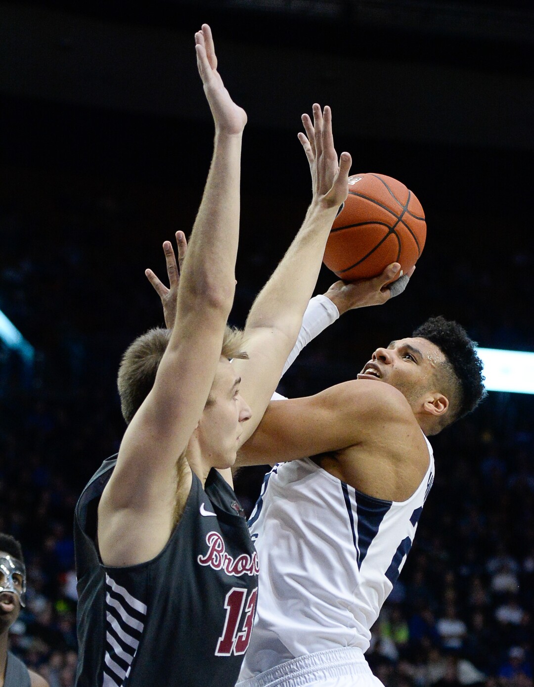 (Francisco Kjolseth  |  The Salt Lake Tribune) Brigham Young Cougars forward Yoeli Childs (23) pushes past Santa Clara Broncos forward Josip Vrankic (13) in the second half as the Brigham Young Cougars host the Santa Clara Broncos at the Marriott Center in Provo, Thursday, Feb. 20, 2020. BYU won 85-75.