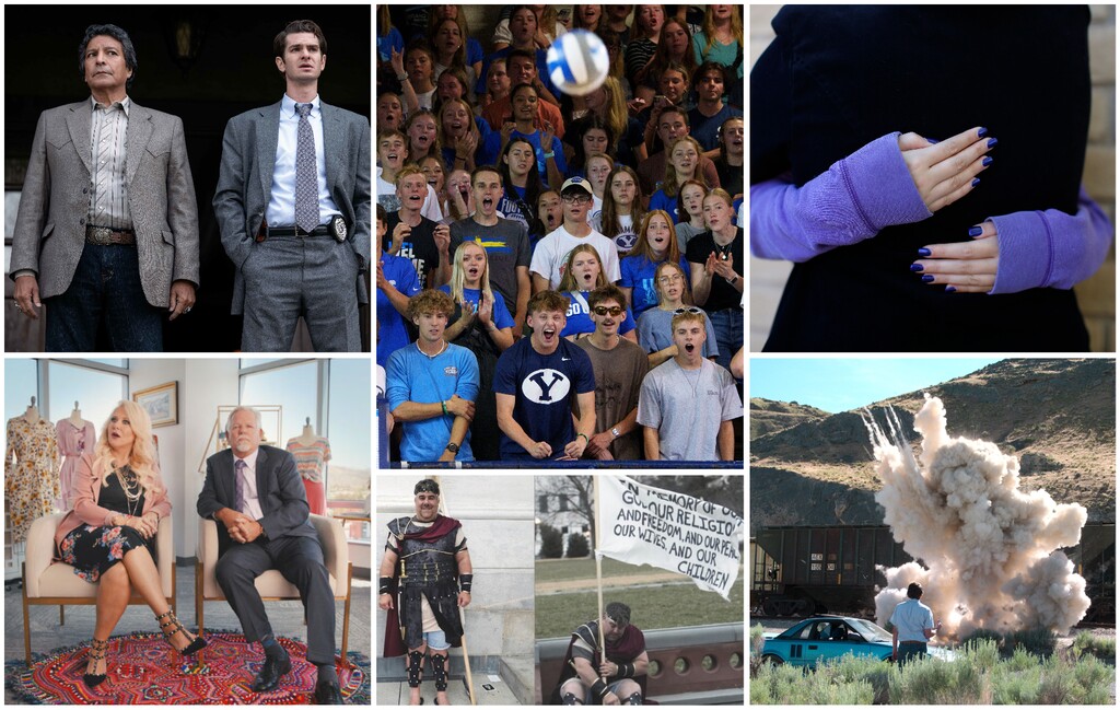 Is The Church of Jesus Christ of Latter-day Saints in another "Mormon moment"? Clockwise from top left: (Michelle Faye | FX) Gil Birmingham and Andrew Garfield in "Under the Banner of Heaven"; (Leah Hogsten | The Salt Lake Tribune) Fans during a BYU volleyball game in September; (Dario Lopez-Mills | AP) MJ, a victim of child sex abuse in Arizona, whose foster parents are suing the church; (Netflix) A scene in "Murder Among the Mormons"; (FBI) (FBI) Arizonan Nathan Wayne Entrekin dressed as Captain Moroni during the Jan. 6, 2021, breaching of the U.S. Capitol; (Amazon Studios) DeAnne Stidham and Mark Stidham, the founders of LuLaRoe, are interviewed in the Amazon documentary "LuLaRich."