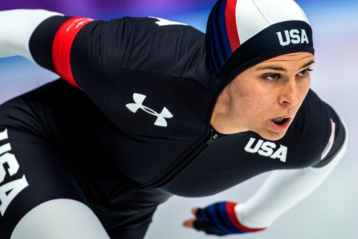 (Chris Detrick  |  The Salt Lake Tribune)  USA's Brittany Bowe races Netherlands' Jorien Ter Mors in the Ladies' 1,000m during the Pyeongchang 2018 Winter Olympics Wednesday, Feb. 14, 2018.  Bowe finished in 4th place with a time of 1:14.36.
