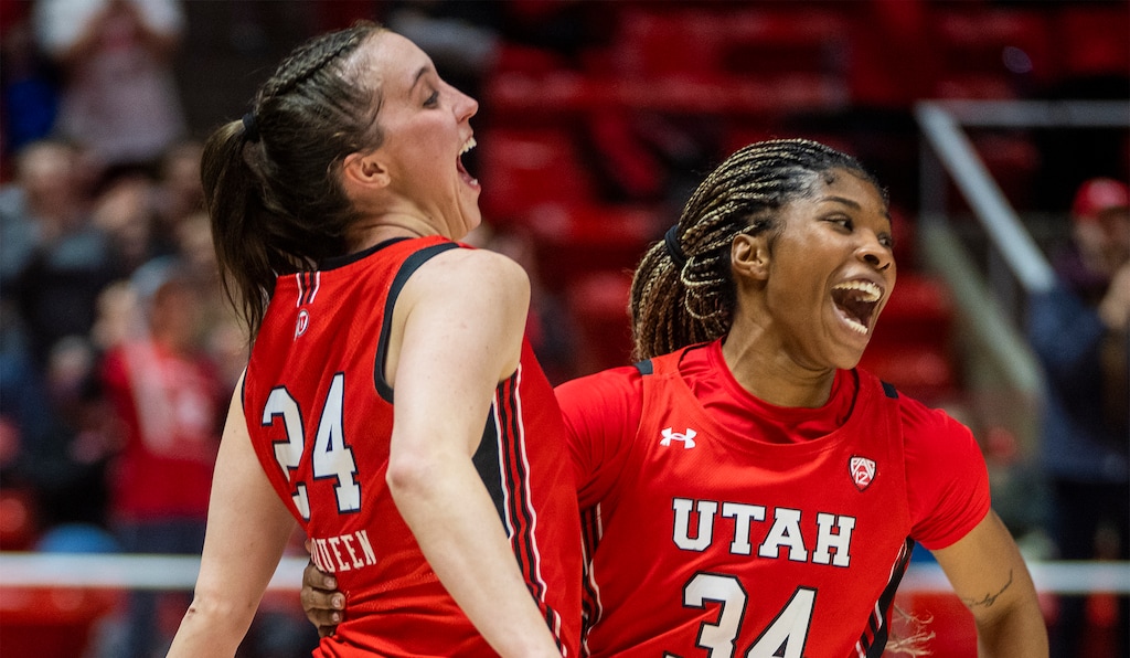 (Rick Egan | The Salt Lake Tribune) Utah Utes guard Kennady McQueen (24) and Utah forward Dasia Young (34) celebrate the Utes 84-78 win over the Stanford Cardinals, in PAC-12 action, at the Jon M. Huntsman Center, on Saturday, Feb. 25, 2023.
