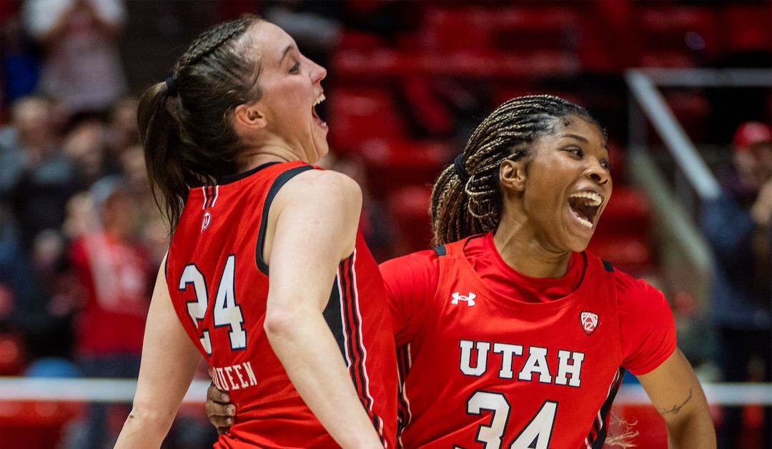 (Rick Egan | The Salt Lake Tribune) Utah Utes guard Kennady McQueen (24) and Utah forward Dasia Young (34) celebrate the Utes 84-78 win over the Stanford Cardinals, in PAC-12 action, at the Jon M. Huntsman Center, on Saturday, Feb. 25, 2023.