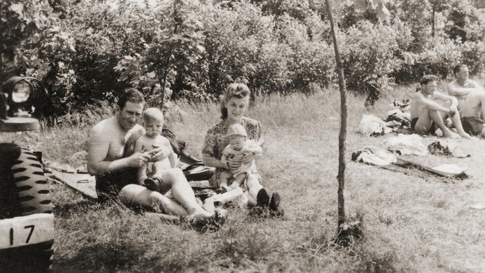 (Courtesy Music Box Films) A photo from a displaced-persons camp just after World War II, of Aida Zasadsinska (right), her two young sons, and an unknown man, is seen in the documentary "Aida's Secrets."