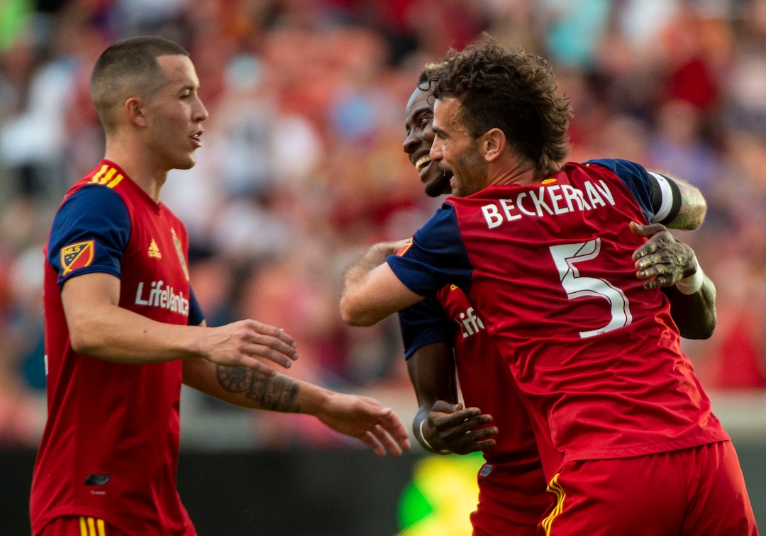(Rick Egan  |  The Salt Lake Tribune)  Real Salt Lake defender Aaron Herrera (22) and Salt Lake midfielder Kyle Beckerman (5) congratulate forward Sam Johnson (50) after Johnson scored a goal for Salt Lake, in MLS soccer action between Real Salt Lake and Sporting Kansas City, in Sandy, Saturday, June 29, 2019.