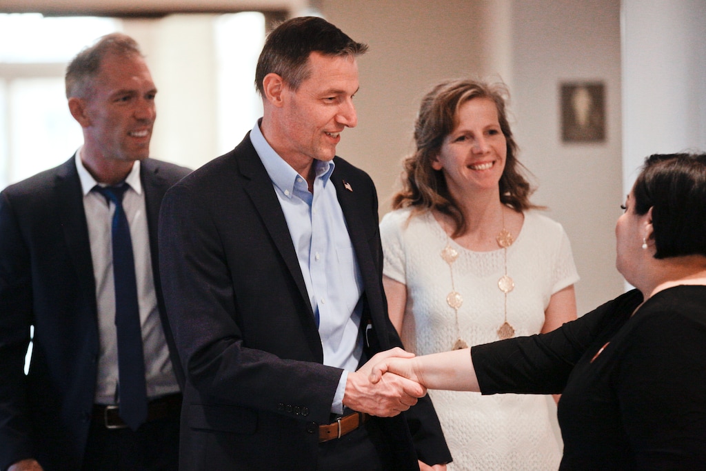 (Evan Cobb/The Daily Herald via AP) U.S. Senate candidate Mike Kennedy enters his watch party at the Hyatt on Tuesday, June 26, 2018, in Lehi, Utah.