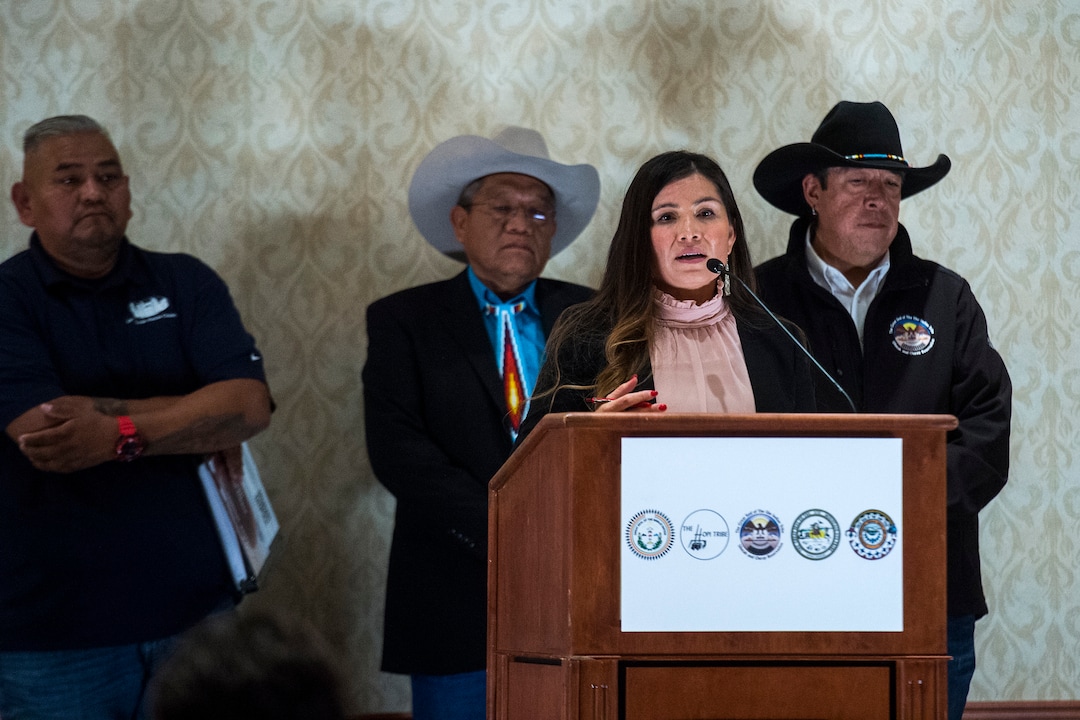 (Chris Detrick  |  The Salt Lake Tribune) Ethel B. Branch, Attorney General of the Navajo Nation, speaks during a press conference at the Salt Lake Marriott City Center Monday, December 4, 2017.  In back is Davis Filfred, Council Delegate, Navajo Nation, Harold Cuthair, Chairman of Ute Mountain Ute Tribe, and Shaun Chapoose, Business Committee Member, Ute Indian Tribe.