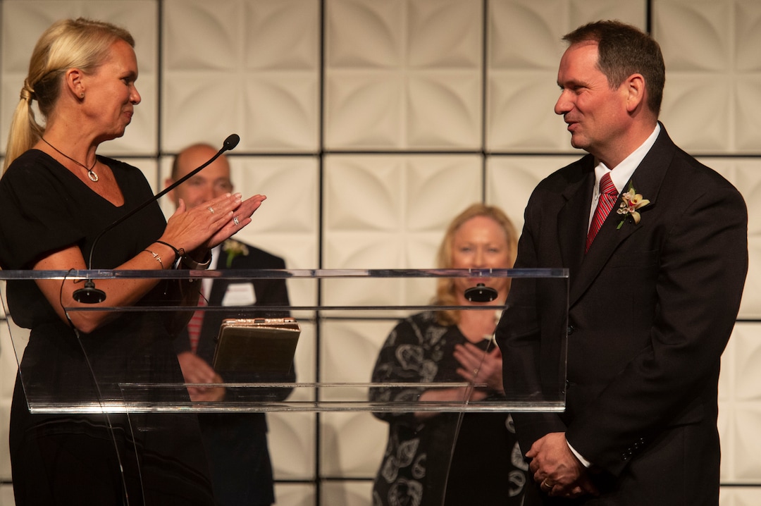 (Rick Egan  |  The Salt Lake Tribune)  Jennifer Huntsman Parkin presents Huntsman present the Education Award to  Travis Lemon, teacher, American Fork Junior High School, at the Huntsman Awards for Excellence in Education at the Grand America, Friday,  April 26, 2019.
