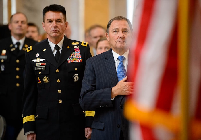 (Trent Nelson | The Salt Lake Tribune)  
Major General Jefferson Burton (Utah National Guard) and Governor Gary Herbert. Commemoration of WW1 Armistice 100th Anniversary, in Salt Lake City on Thursday Nov. 8, 2018.