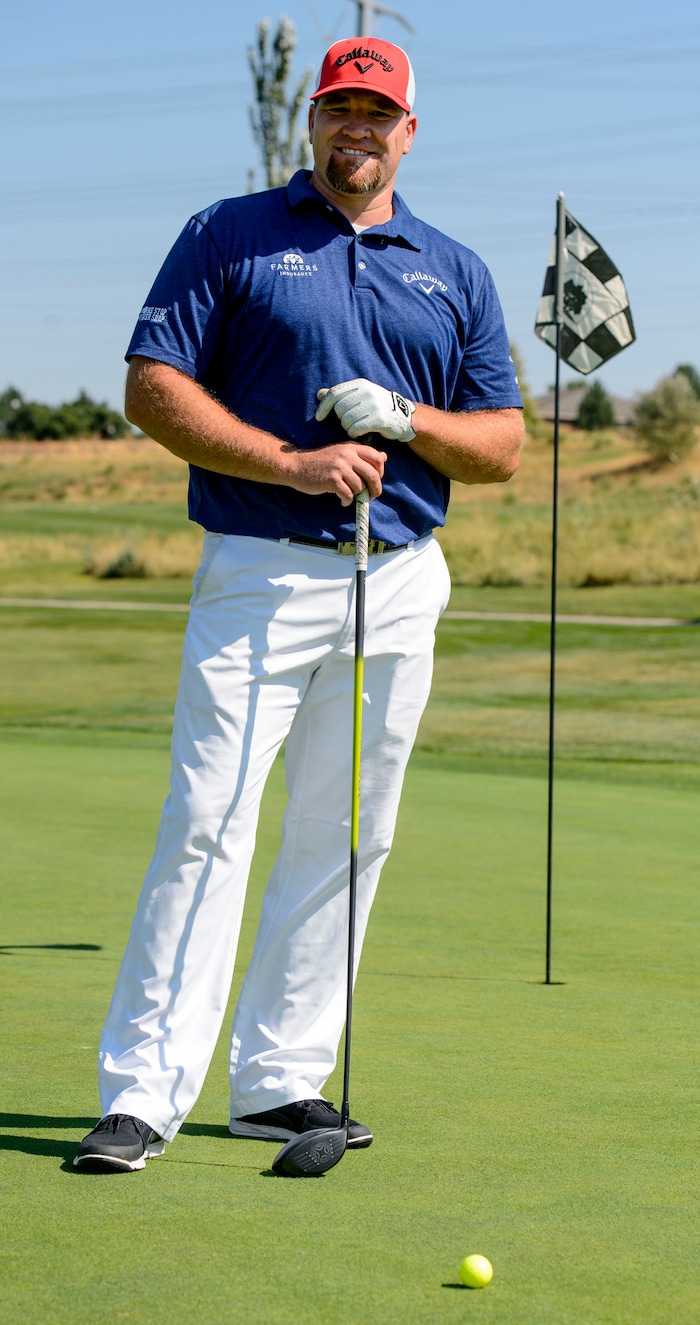 (Steve Griffin | The Salt Lake Tribune) Ryan Reisbeck is the world's No. 1-ranked Long Driver. He's preparing for the upcoming World Championship during a corporate event at Rover Oaks Golf Course in Sandy Thursday August 17, 2017. During the event participants could donate money to charity and have Reisbeck hit their drive on the par-5 13th hole. Here he stands with a shot, he hit from the forward tees, that traveled 400 yards and checked up 10-feet from the hole.