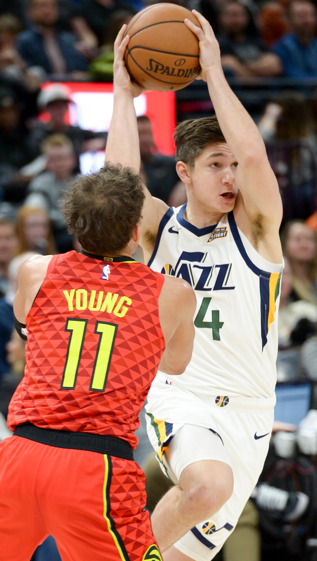 Leah Hogsten  |  The Salt Lake Tribune  Utah Jazz guard Grayson Allen (24) drives past Atlanta Hawks guard Trae Young (11) as the Utah Jazz take on the Atlanta Hawks, Feb. 1, 2019 at Vivint Smart Home Arena. 