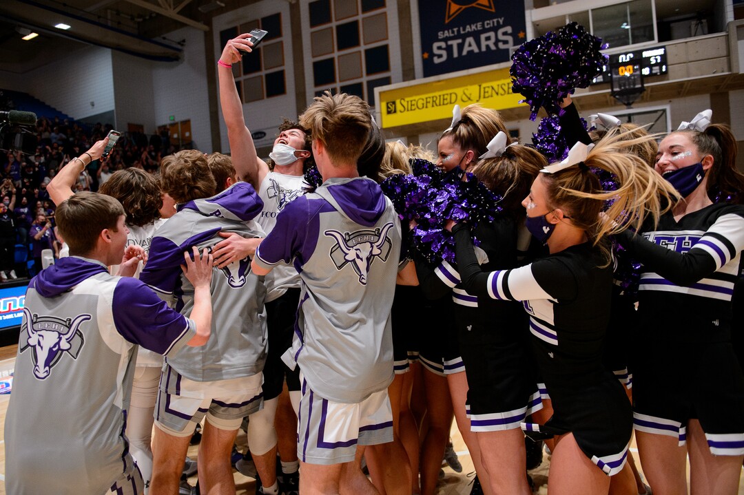 (Trent Nelson  |  The Salt Lake Tribune) Lehi players celebrate a win over Farmington High School in the 5A boys basketball state championship game, in Taylorsville on Saturday, March 6, 2021.