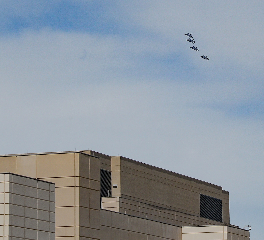 (Francisco Kjolseth  |  The Salt Lake Tribune) The Air Force F-35A Lightning II Demonstration and 388th Fighter Wing, based at Hill Air Force Base, performs a formation flyover as seen over Intermountain Health Center in Murray on Thursday, April 30, 2020. The demonstration over Utah was a “salute to everyone on the front lines in the fight against COVID-19, as well as those staying at home to flatten the curve of the virus,” according to a news release.