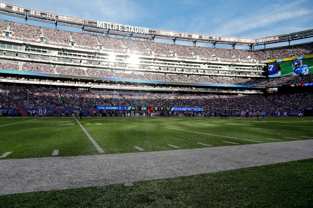 FILE - In this Oct. 22, 2017, file photo, MetLife Stadium is viewed during the first half of an NFL football game between the New York Giants and the Seattle Seahawks in East Rutherford, N.J. FIFA inspectors begin evaluating Mexico’s suitability to stage World Cup matches in 2026 on Monday, April 9, 2018, after a study commissioned for the North American bid highlighted concerns about violent attacks on female fans, human rights activists and reporters in the country. Mexico City is the first stop on a five-day trip by the FIFA task force, which also will visit Atlanta, Toronto and the New York metropolitan area, where the bid committee proposed the 2026 final be held at the East Rutherford stadium. (AP Photo/Julio Cortez, File)