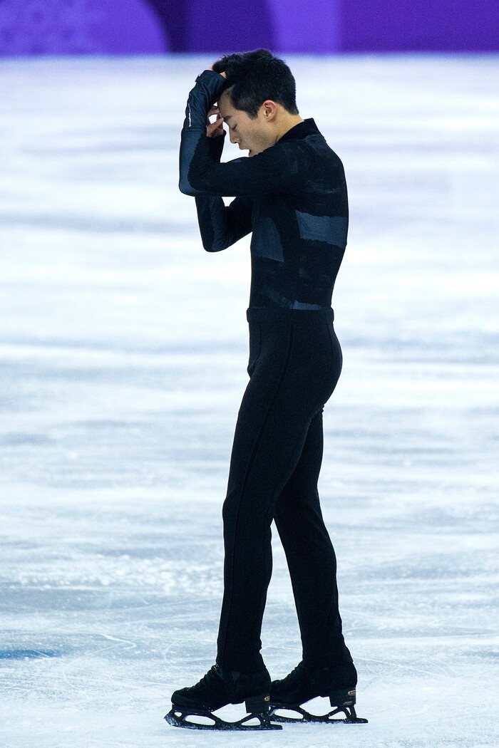 (Chris Detrick  |  The Salt Lake Tribune)  Salt Lake City's Nathan Chen reacts after competing in the Men's Single Skating Short Program for the Team Event at the Gangneung Ice Arena Friday, February 9, 2018.  Chen got fourth place with a score of 80.61.