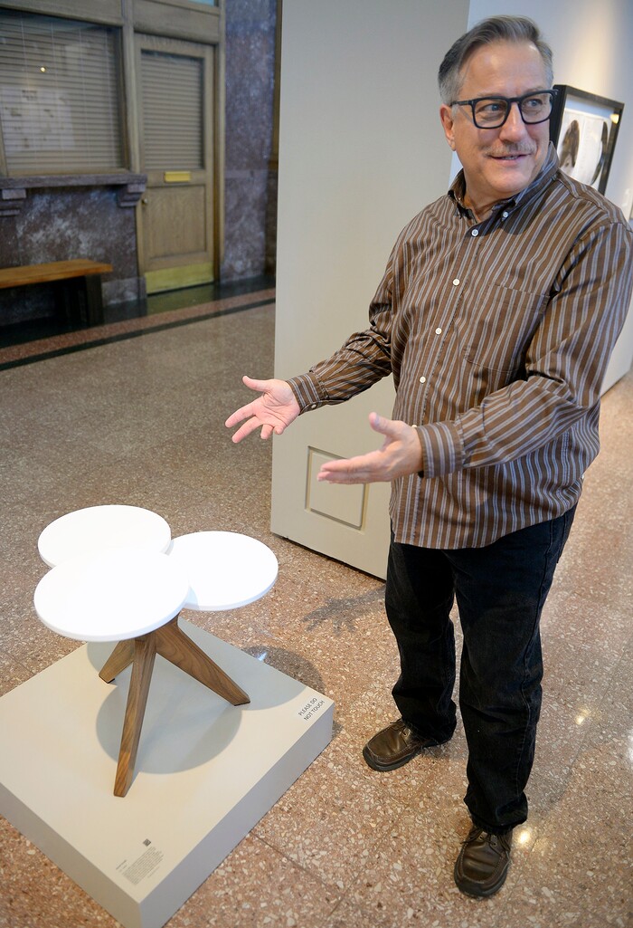 (Chris Samuels | The Salt Lake Tribune) David Evett shows his Lily Table design at a showcase for Utah Design Arts at the Rio Grande Depot in Salt Lake City, Sept. 12, 2019.