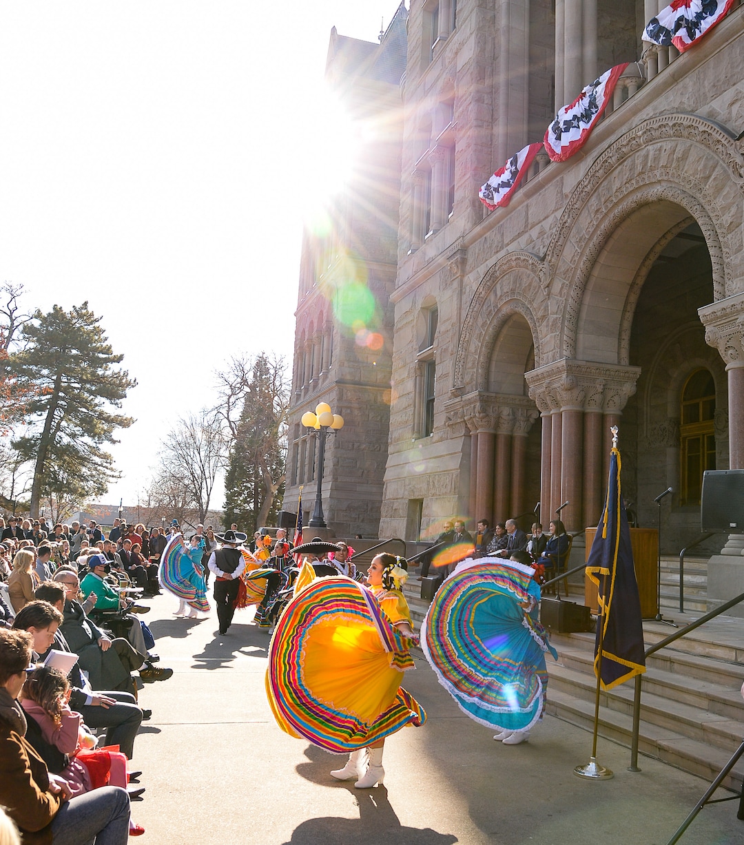 (Francisco Kjolseth  |  The Salt Lake Tribune) The Nonantzin Grupo Folklorico De La Gente Latina performs during inauguration ceremonies outside Salt Lake City Hall where Erin Mendenhall was sworn in as mayor on Monday, Jan. 6, 2020.