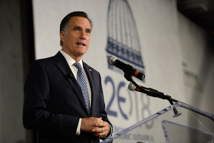 (Francisco Kjolseth  |  The Salt Lake Tribune)  Mitt Romney speaks at the Utah Economic Outlook & Policy Summit 2018, hosted by the Salt Lake Chamber at the Salt Lake City Marriott Downtown at City Creek on Tuesday, Jan. 16, 2018. 