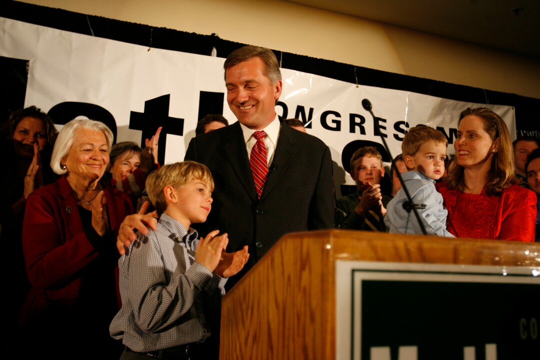 (Trent Nelson  |  Tribune file photo) Norma Matheson, left, watches as her son Jim Matheson gives a victory speech after winning an election in 2004.