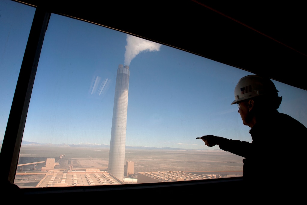 Steve Griffin | The Salt Lake Tribune

The giant stack can be seen from inside the Intermountain Power Plant near Delta, Utah, April 12, 2013.
