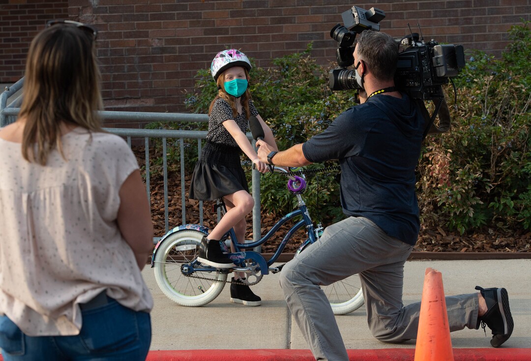 (Francisco Kjolseth  |  The Salt Lake Tribune) Arya Price, 7, is interviewed by the media as she gets ready to start 2nd grade at Canyon View Elementary in Cottonwood Heights for the first day classes for the Canyons School District on Monday, August 24, 2020.