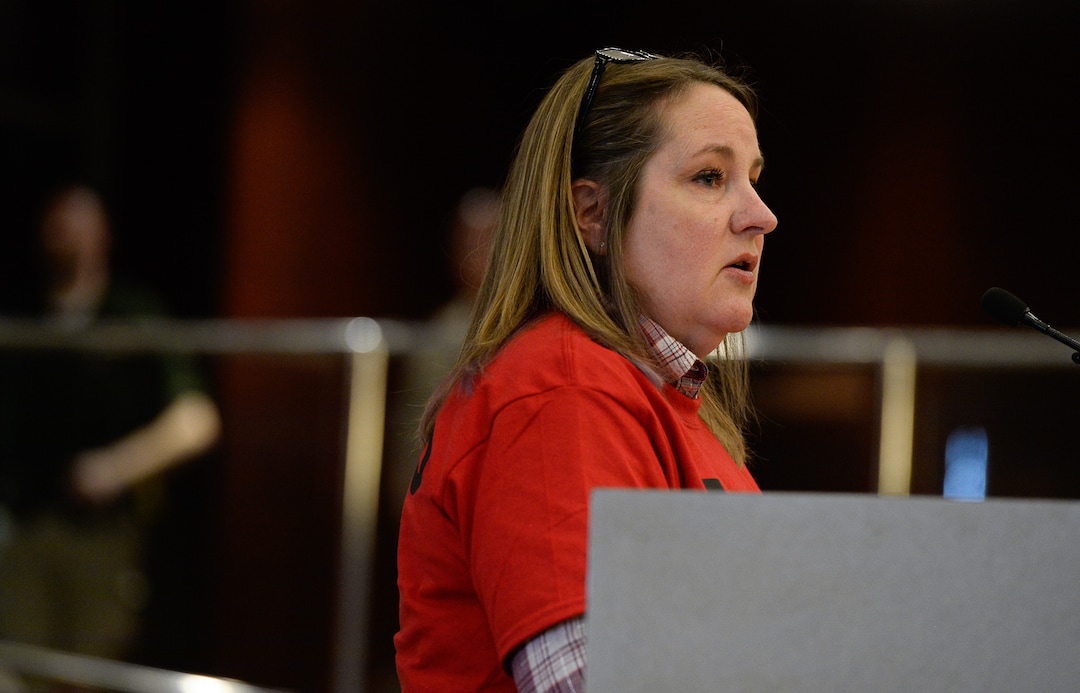 (Francisco Kjolseth  |  The Salt Lake Tribune) Judi Van Eperen of Herriman expresses her concern for lack of infrastructure for the proposed Olympia Hills development prior to Salt Lake County Council taking the first of two votes on Tuesday, Feb. 25, 2020, on a set of zoning changes for the controversial new housing and commercial development proposed on unincorporated county land on Herriman's western border. The County Council approved the zoning changes 6-to-3, as residents from Herriman, Bluffdale and Riverton who oppose the project turned out for the hearing to voice their concerns.