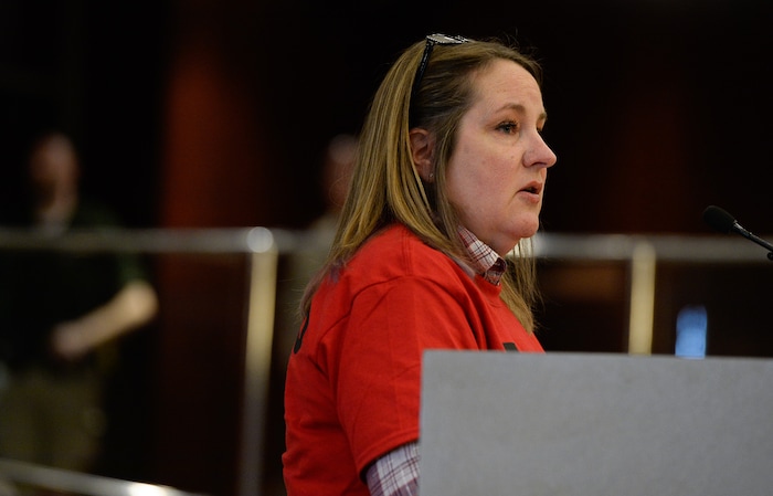 (Francisco Kjolseth | The Salt Lake Tribune) Judi Van Eperen of Herriman expresses her concern for lack of infrastructure for the proposed Olympia Hills development prior to Salt Lake County Council taking the first of two votes on Tuesday, Feb. 25, 2020, on a set of zoning changes for the controversial new housing and commercial development proposed on unincorporated county land on Herriman's western border. The County Council approved the zoning changes 6-to-3, as residents from Herriman, Bluffdale and Riverton who oppose the project turned out for the hearing to voice their concerns.