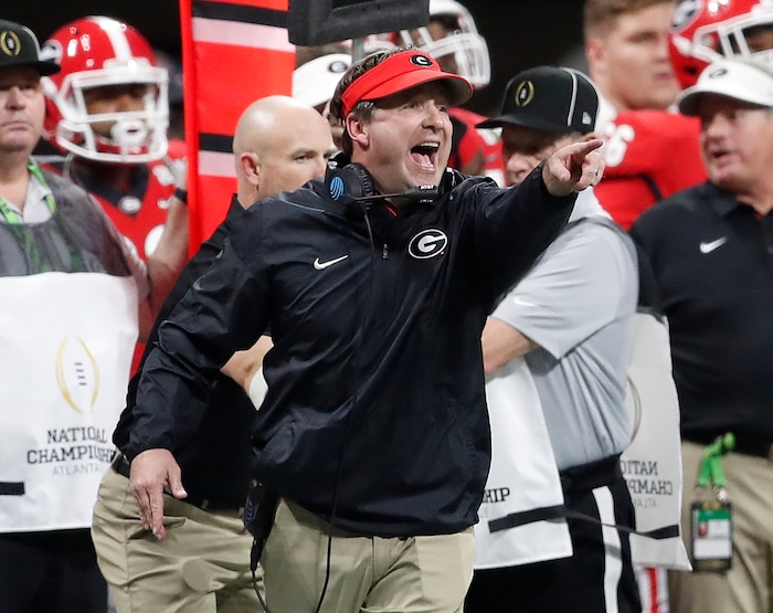Georgia head coach Kirby Smart reacts during the first half of the NCAA college football playoff championship game against Alabama Monday, Jan. 8, 2018, in Atlanta. (AP Photo/David Goldman)