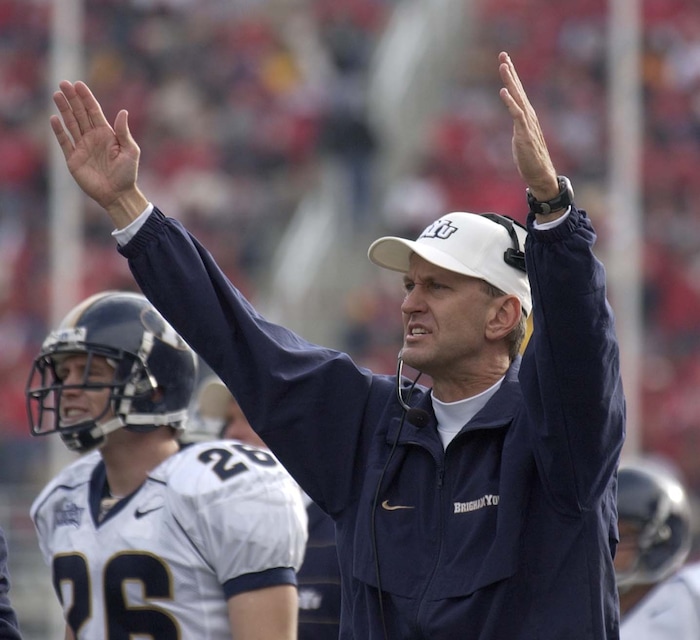 (Trent Nelson  |  Tribune file photo)  BYU Assistant Coach Robbie Boscoe can't believe the officials have ruled an apparent touchdown a fumble on Saturday November 23, 2002 at Rice-Eccles Stadium.