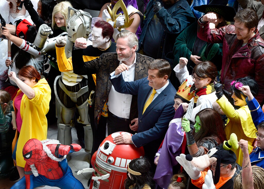 Scott Sommerdorf | The Salt Lake Tribune
FANx co-founders Dan Farr, center left,  and Bryan Brandenburg, next to him, pose for a photo with fans in the Capitol rotunda, Wednesday, April 11, 2018.