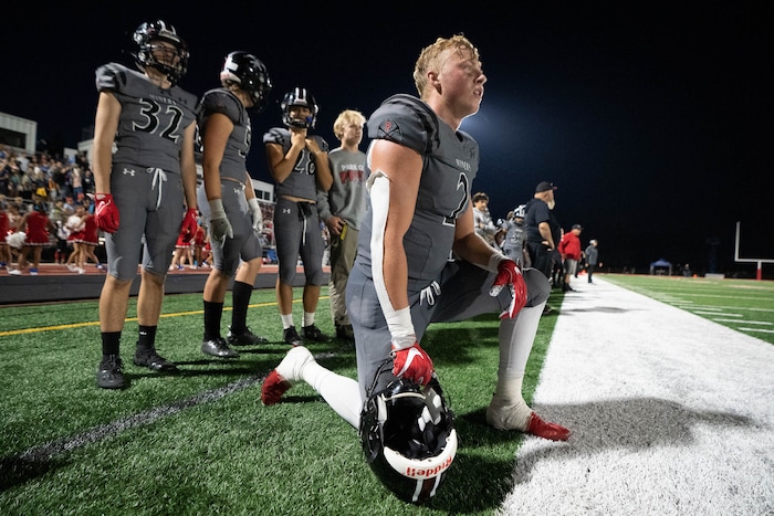 (Francisco Kjolseth | The Salt Lake Tribune) Carson Tabaracci of Park City keeps a watchful eye on the teams defense In prep football action between the Park City Miners and the East Leopards on Friday, Sept. 3, 2021.