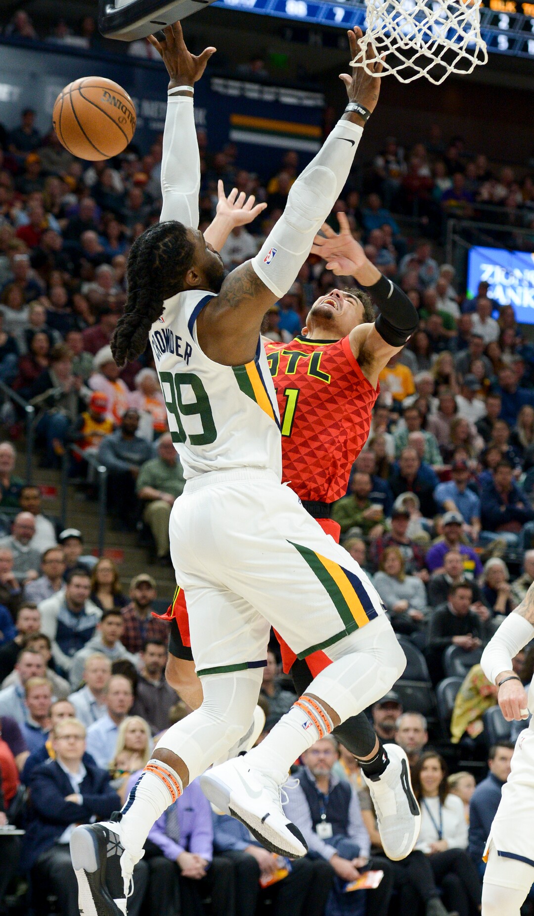 Leah Hogsten  |  The Salt Lake Tribune  Utah Jazz forward Jae Crowder (99) denies Atlanta Hawks guard Trae Young (11) under the net. The Utah Jazz defeated the Atlanta Hawks, 128-112  at Vivint Smart Home Arena, Feb. 1, 2019. 