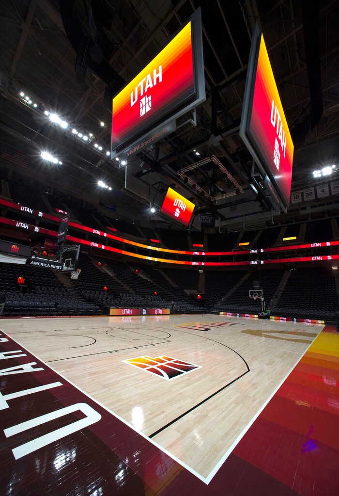 (Rick Egan  |  The Salt Lake Tribune)    The Utah Jazz will play on their new City edition court with their City Edition Uniforms, Tuesday night. Monday, January 29, 2018.