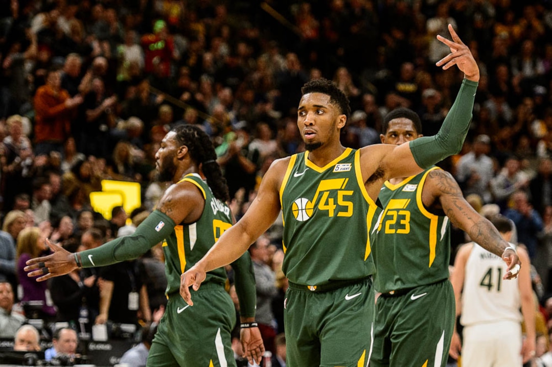 (Trent Nelson | The Salt Lake Tribune)  Utah Jazz guard Donovan Mitchell (45) calls for fans to get loud as the Jazz come back from a deficit in the first half as the Utah Jazz host the Milwaukee Bucks, NBA basketball in Salt Lake City on Saturday March 2, 2019.