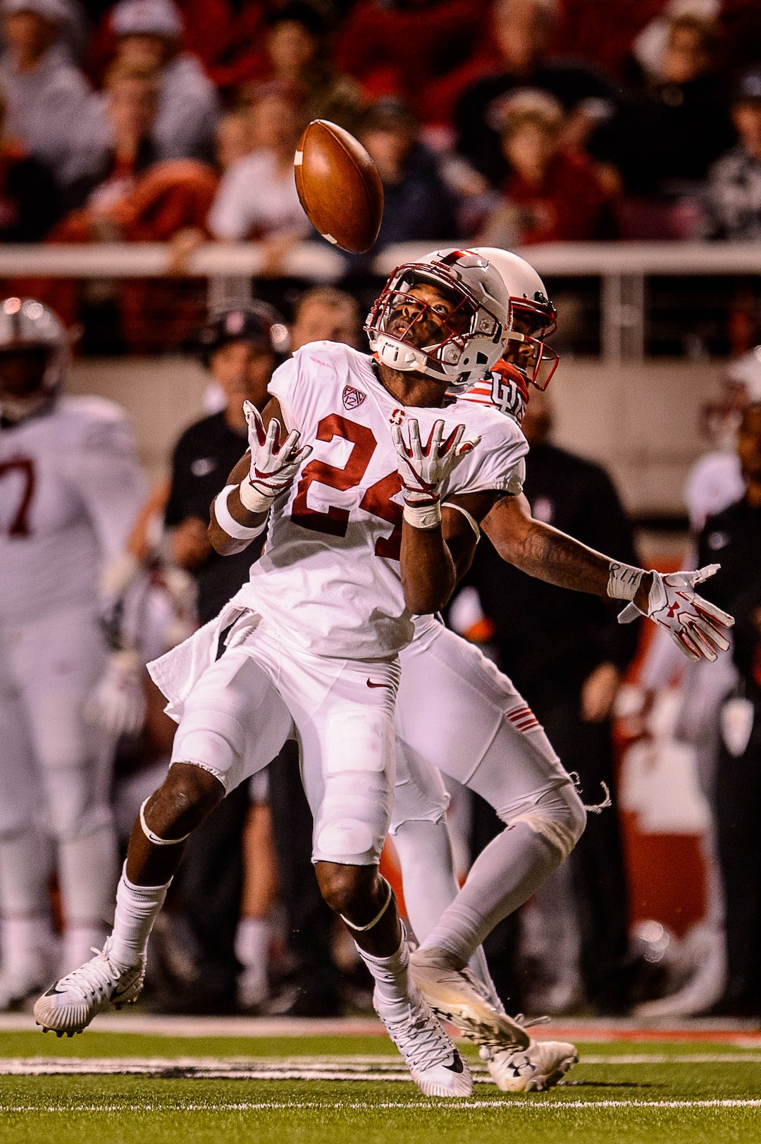 (Trent Nelson | The Salt Lake Tribune)  Stanford Cardinal cornerback Quenton Meeks (24) makes an interception in the fourth quarter as the University of Utah hosts Stanford, NCAA football at Rice-Eccles Stadium in Salt Lake City Saturday October 7, 2017.
