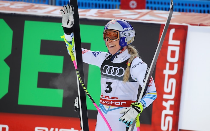 United States' Lindsey Vonn smiles in the finish area after the women's downhill race, at the alpine ski World Championships in Are, Sweden, Sunday, Feb. 10, 2019. (AP Photo/Marco Trovati)