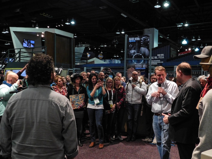 (Erin Alberty | The Salt Lake Tribune) U.S. Sen. Michael Bennet, D-Colorado, speaks during a public lands discussion at the Outdoor Retailer show Jan. 27, 2018 at the Colorado Convention Center in Denver.