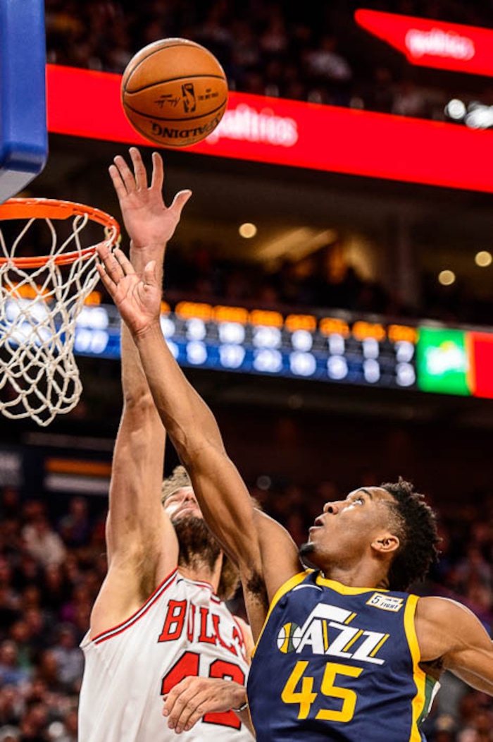 (Trent Nelson | The Salt Lake Tribune)  Utah Jazz guard Donovan Mitchell (45) shoots over Chicago Bulls center Robin Lopez (42) as the Utah Jazz host the Chicago Bulls, NBA basketball in Salt Lake City Wednesday November 22, 2017.