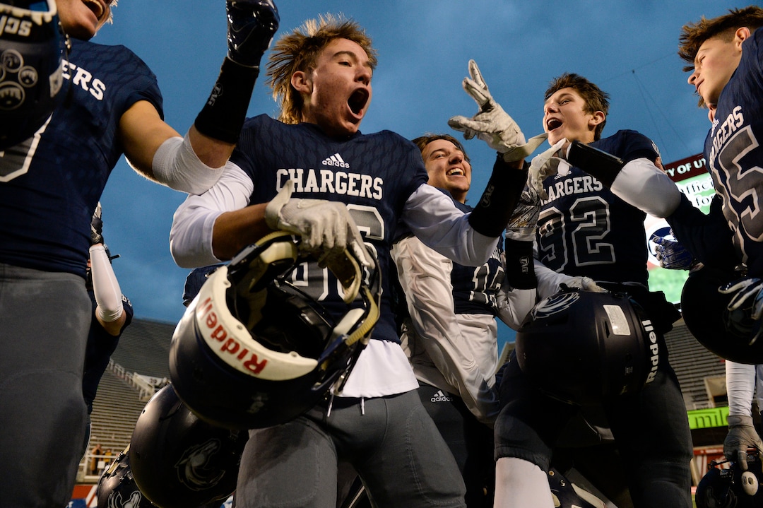 (Leah Hogsten  |  The Salt Lake Tribune) Corner Canyon celebrates the win. Corner Canyon High School defeated American Fork High School 49-14 during the 6A State Championship football title, Nov. 22, 2019 at Rice-Eccles Stadium.