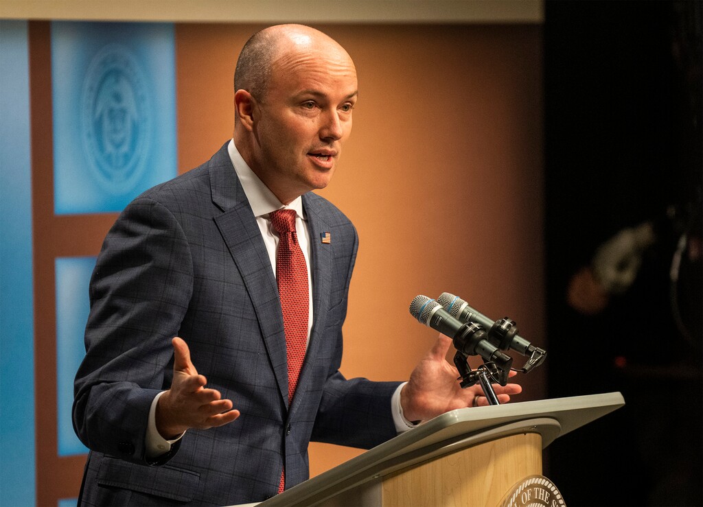 (Rick Egan | The Salt Lake Tribune) Gov. Spencer Cox speaks to media during a monthly news conference in Salt Lake City, Wednesday, Dec. 20, 2023.