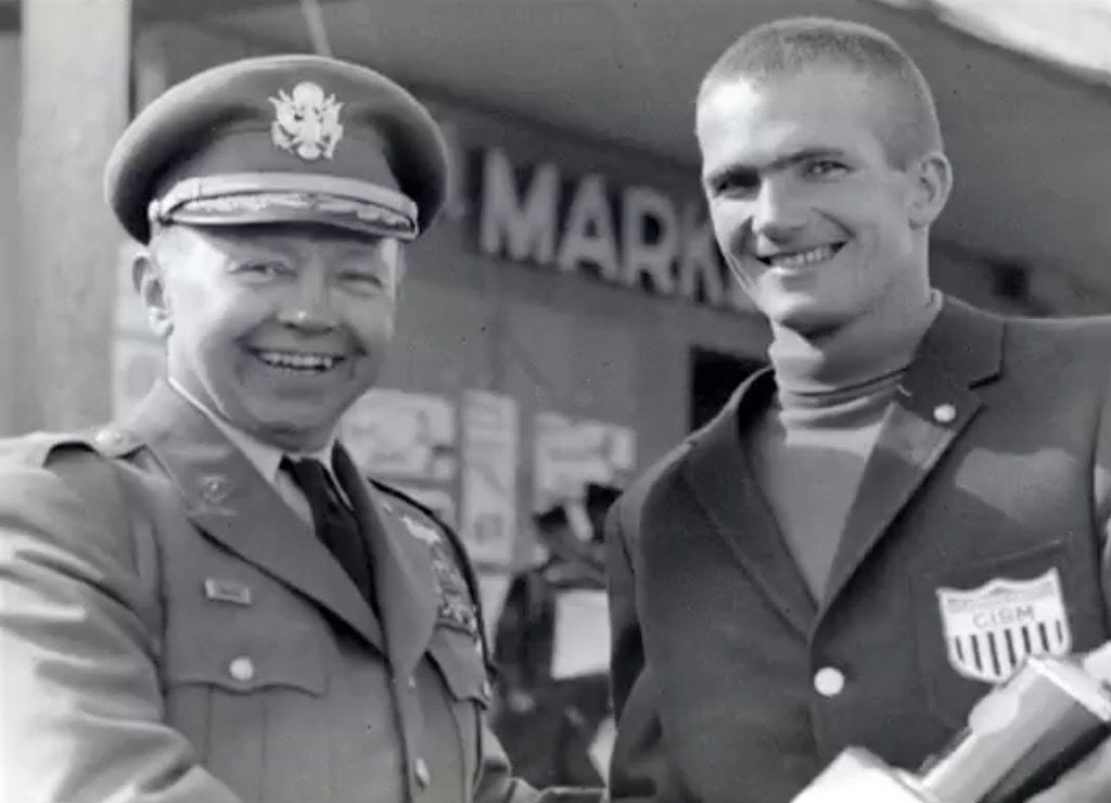 Photo courtesy of the Alf Engen Museum
Bill Spencer shakes the hand of a military official while wearing an International Military Sports Council jacket circa 1960. Spencer, a two-time U.S. Olympic biathlon athlete and U.S. Army officer, died Thursday, Dec. 3, 2020, at age 84.