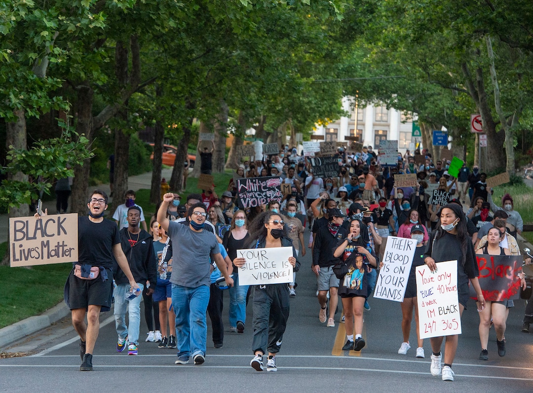 (Rick Egan  |  The Salt Lake Tribune) Protesters march down from Capitol Hill during a George Floyd demonstration, June 3, 2020.